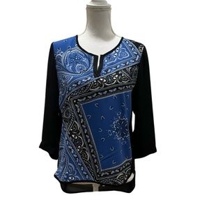 NWT Sun Light Paris blouse. Blue and Black. Large
